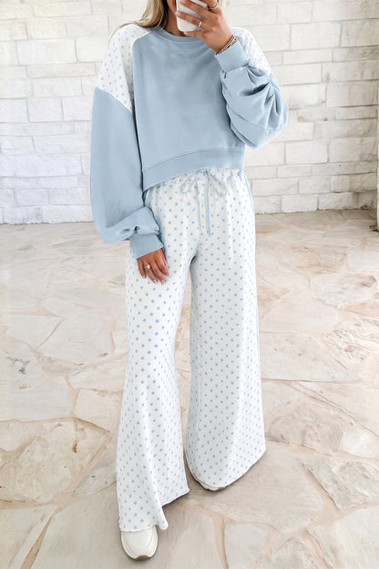 Light Blue Polka Dot Patchwork Colorblock Long Sleeve Casual Two Piece Pants Set