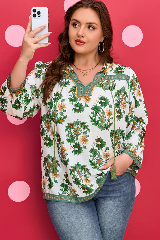 Green Plus Size Floral Printed Contrast Patchwork Detail Tassel Tie 3/4 Sleeve Blouse