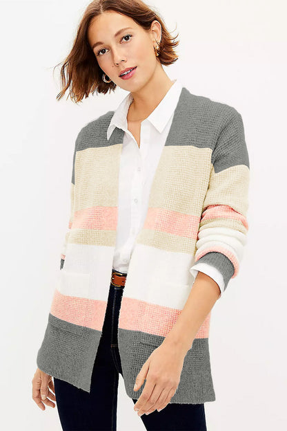 Cardigan ouvert à poches et rayures multicolores 