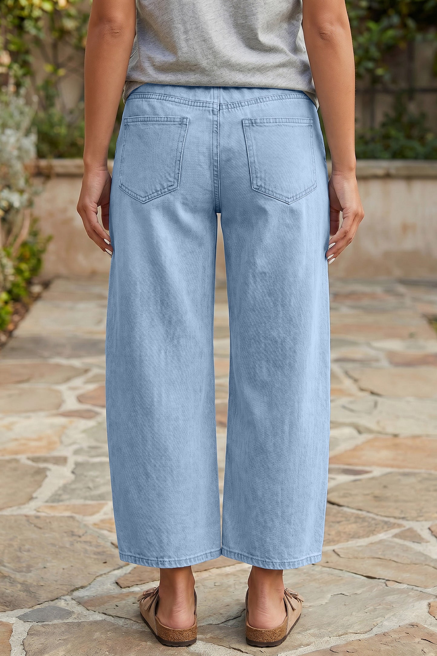 Coffee Solid Color Square Patch Pocket Ankle-length Barrel Jeans