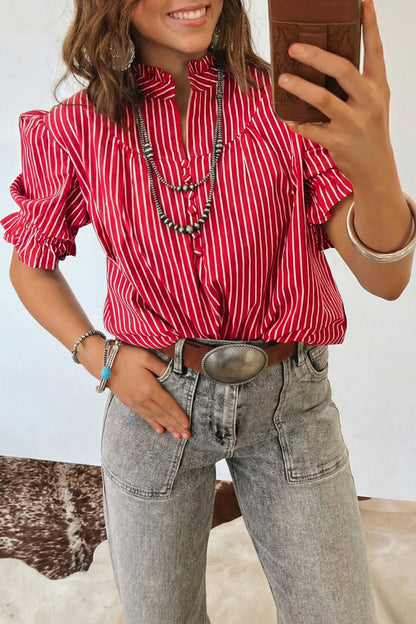 Red Stripe Ruffled Short Puff Sleeve Button Front Blouse
