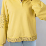 Yellow Cream Embroidered Flower Patchwork Snap Buttons Pullover Sweatshirt