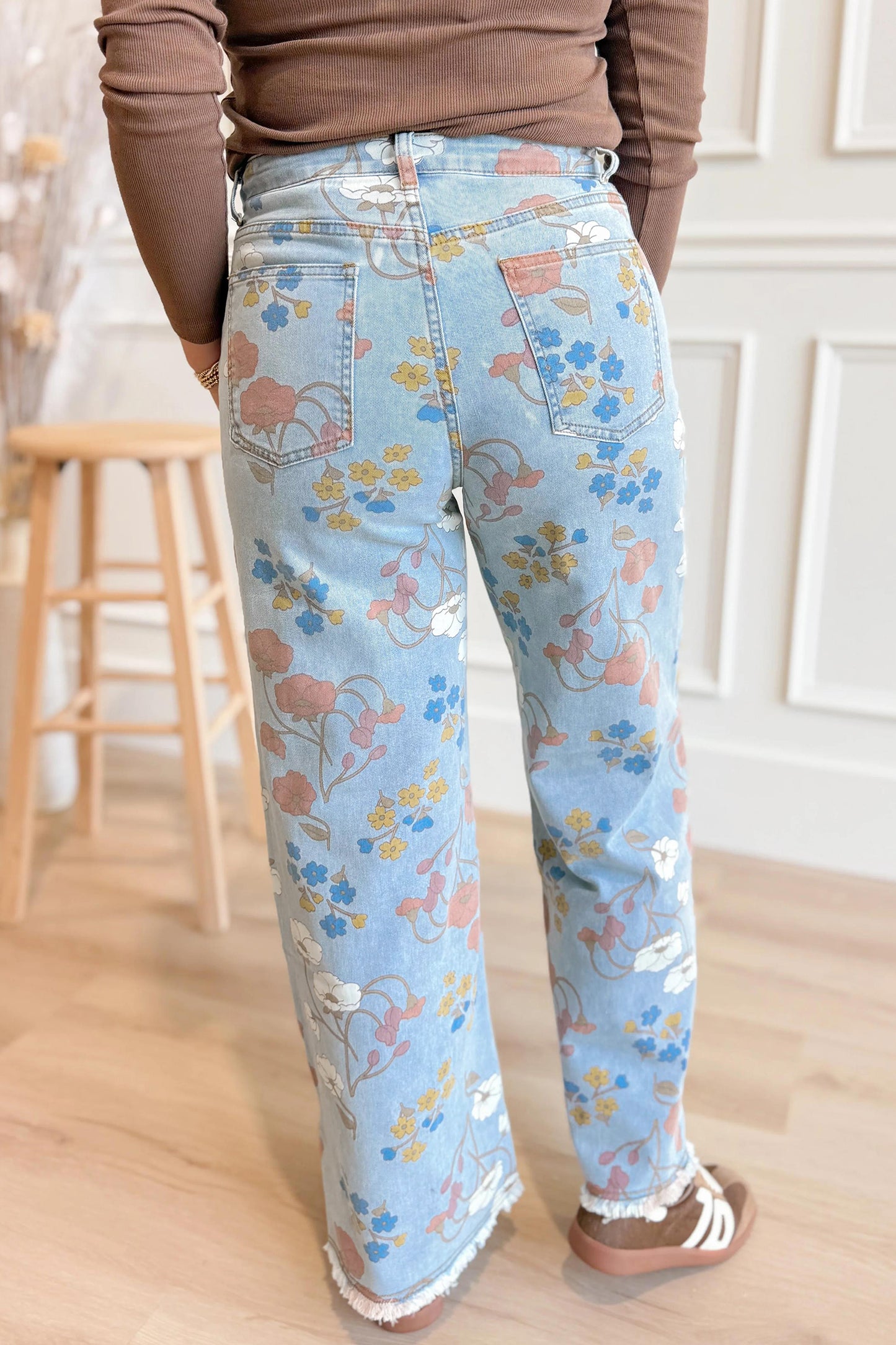 Sky Blue Floral Printed Raw Hem Shift Jeans