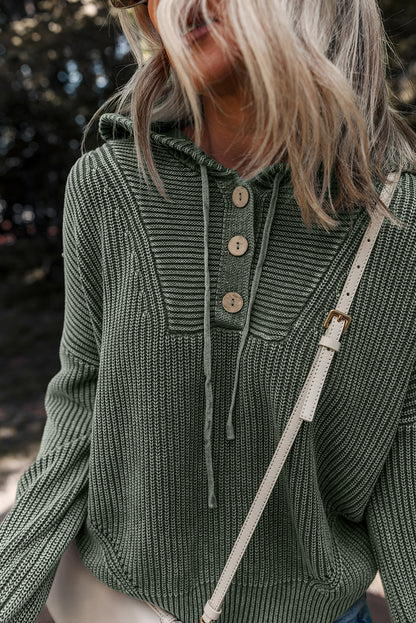 Mist Green Mineral Wash Ribbed Knit Button Drawstring Neck Hooded Sweater