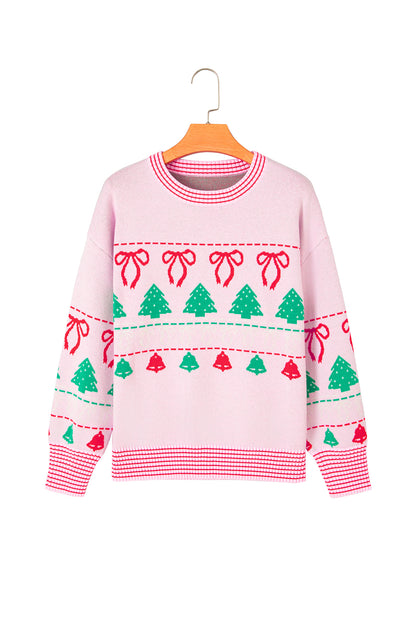 Pink Festive Holiday Print Round Neck Loose Tunic Sweater