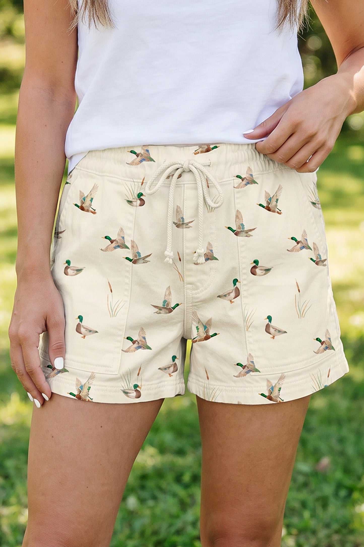 Beige Wild Duck Mallard Printed Drawstring Denim Shorts