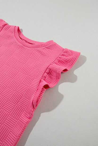 Bonbon Textured Ruffled Sleeve Tee and Drawstring Elastic Waistband Shorts Set