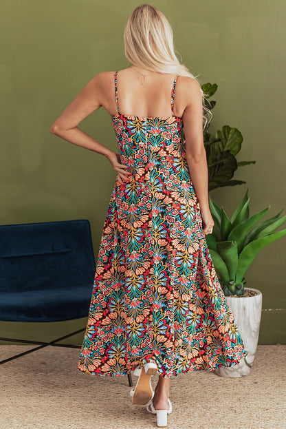 Robe longue noire à imprimé floral bohème, bretelles fines, sans manches, taille haute