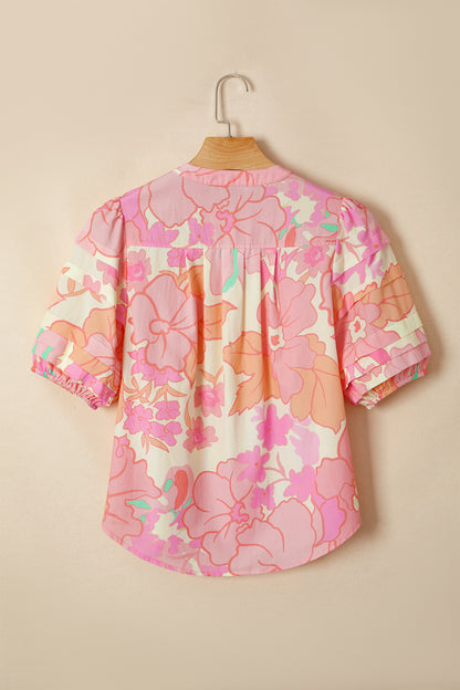 Pink Floral Print Button Down Pintuck Short Sleeve Shirt