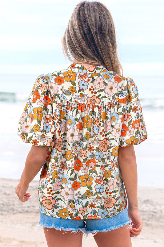 Multicolour Crochet V Neckline Puff Sleeve Boho Flower Blouse