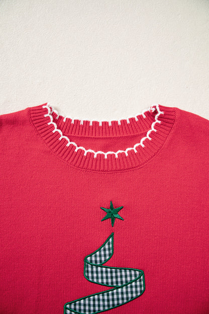 Racing Red Stitched Detail Christmas Tree Holiday Casual Sweater