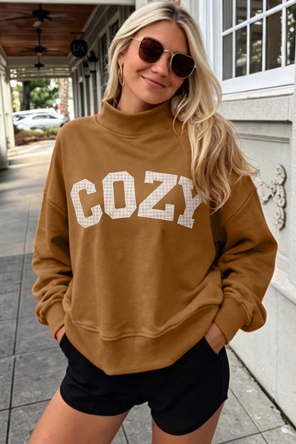 Chestnut Stay Salty Embroidered Long Sleeve Stand Neck Shift Pullover Sweatshirt