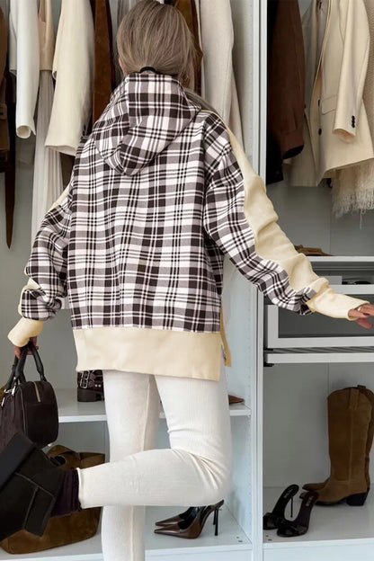Chicory Coffee Plaid Patchwork Side Slit Hoodie