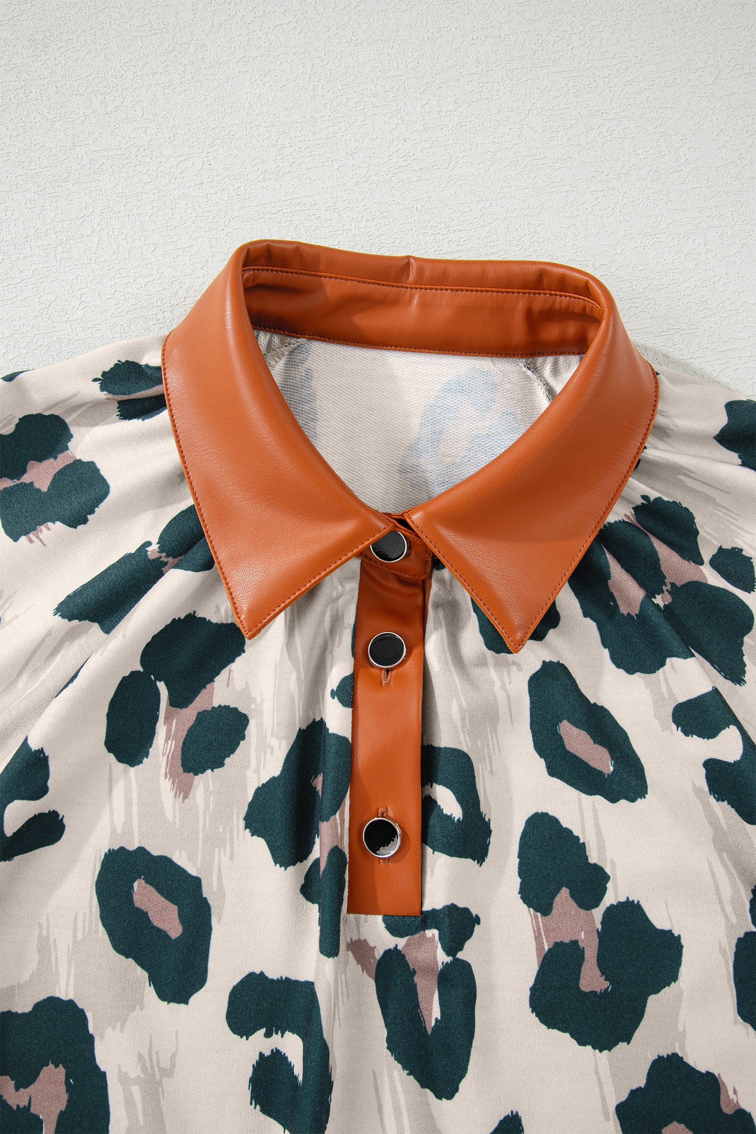 Casual Unique Leopard Print Button Contrast Collared Short Sleeve Blouse