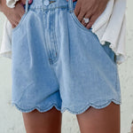 Myosotis Solid Color Scalloped Trim Casual Denim Shorts