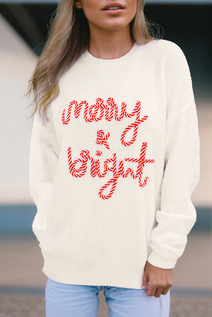Pull de Noël rayé blanc avec lettres lumineuses et joyeuses
