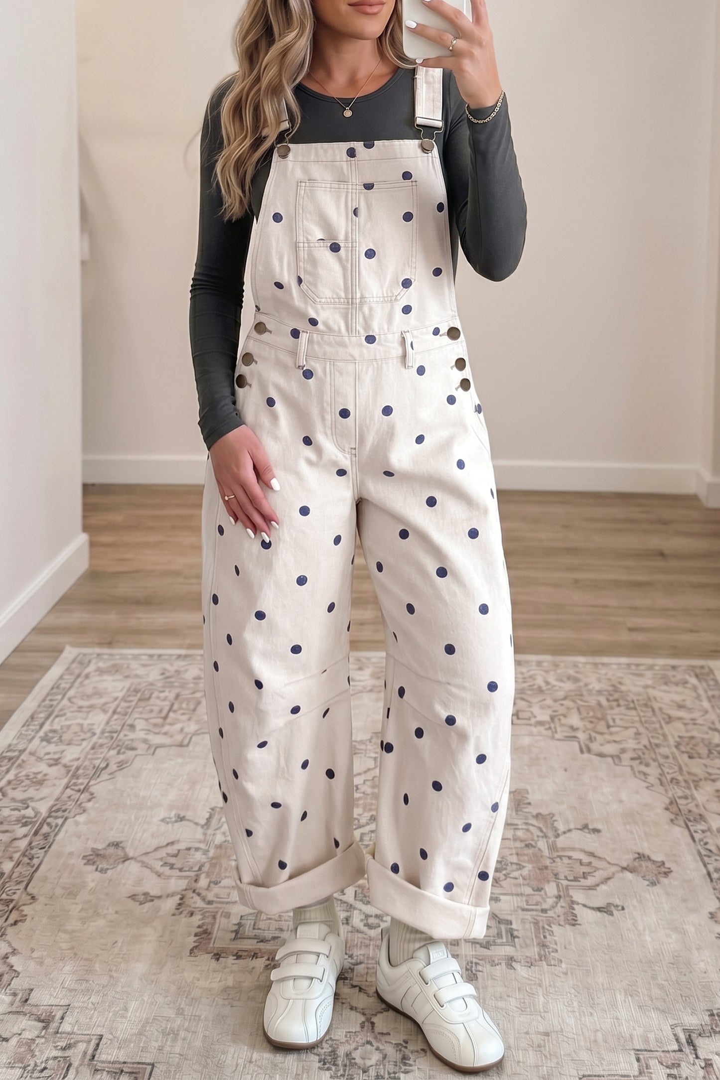 Jet Stream Polka Dot Print Bib Pocket Denim Barrel Overalls Jumpsuit