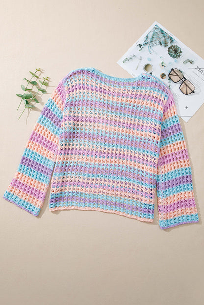 Pull de plage en maille ajourée à rayures multiples violet