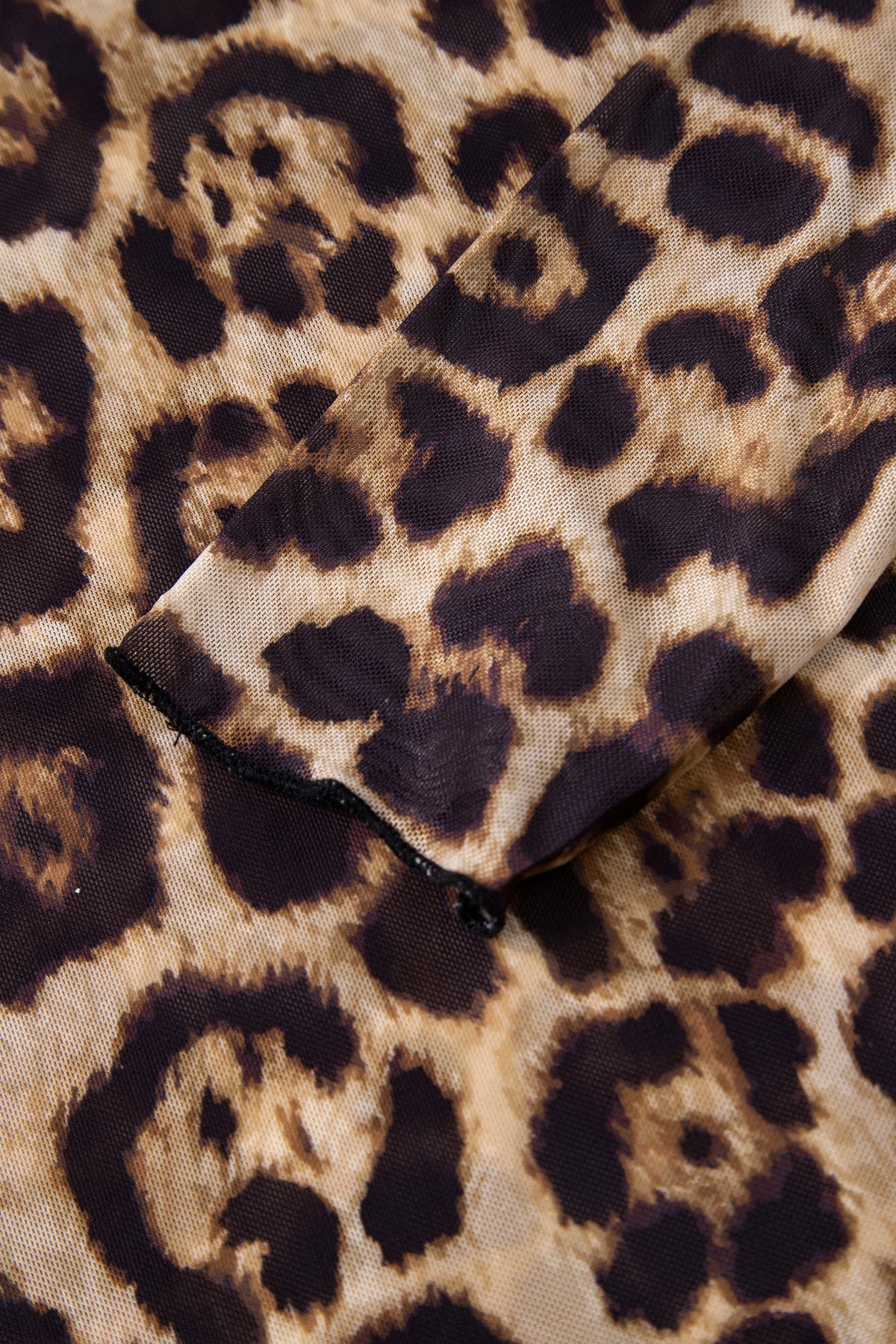 Camel Leopard Print Slim Fit Mesh Long Sleeve Mock Neck Top