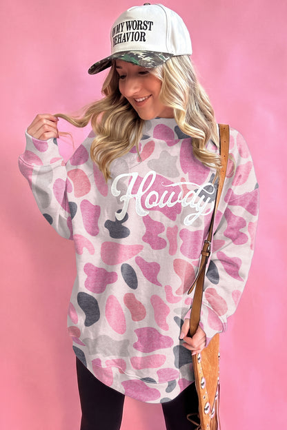 Pink Camo Print Howdy Western Style Baggy Pullover Sweatshirt