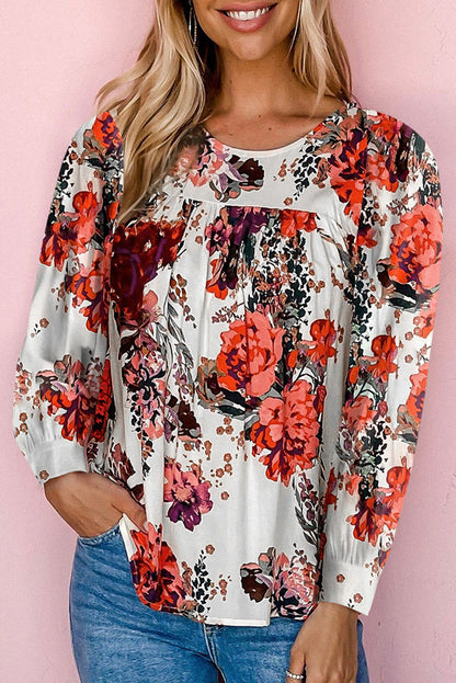 Blusa de manga larga con estampado floral retro roja 