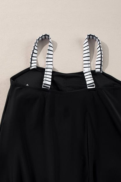 Ensemble tankini à rayures noires et cordon de serrage latéral