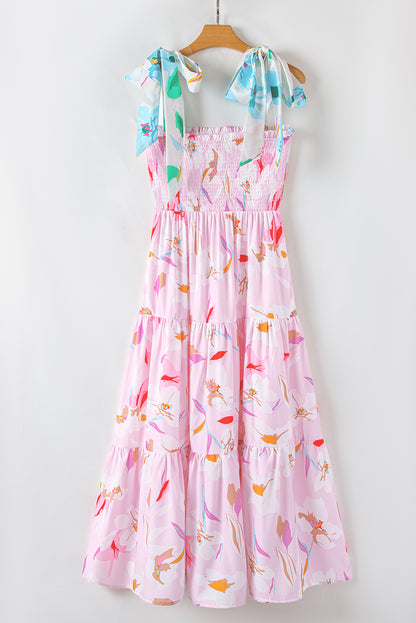 Robe longue smockée à imprimé floral rose et épaules nouées