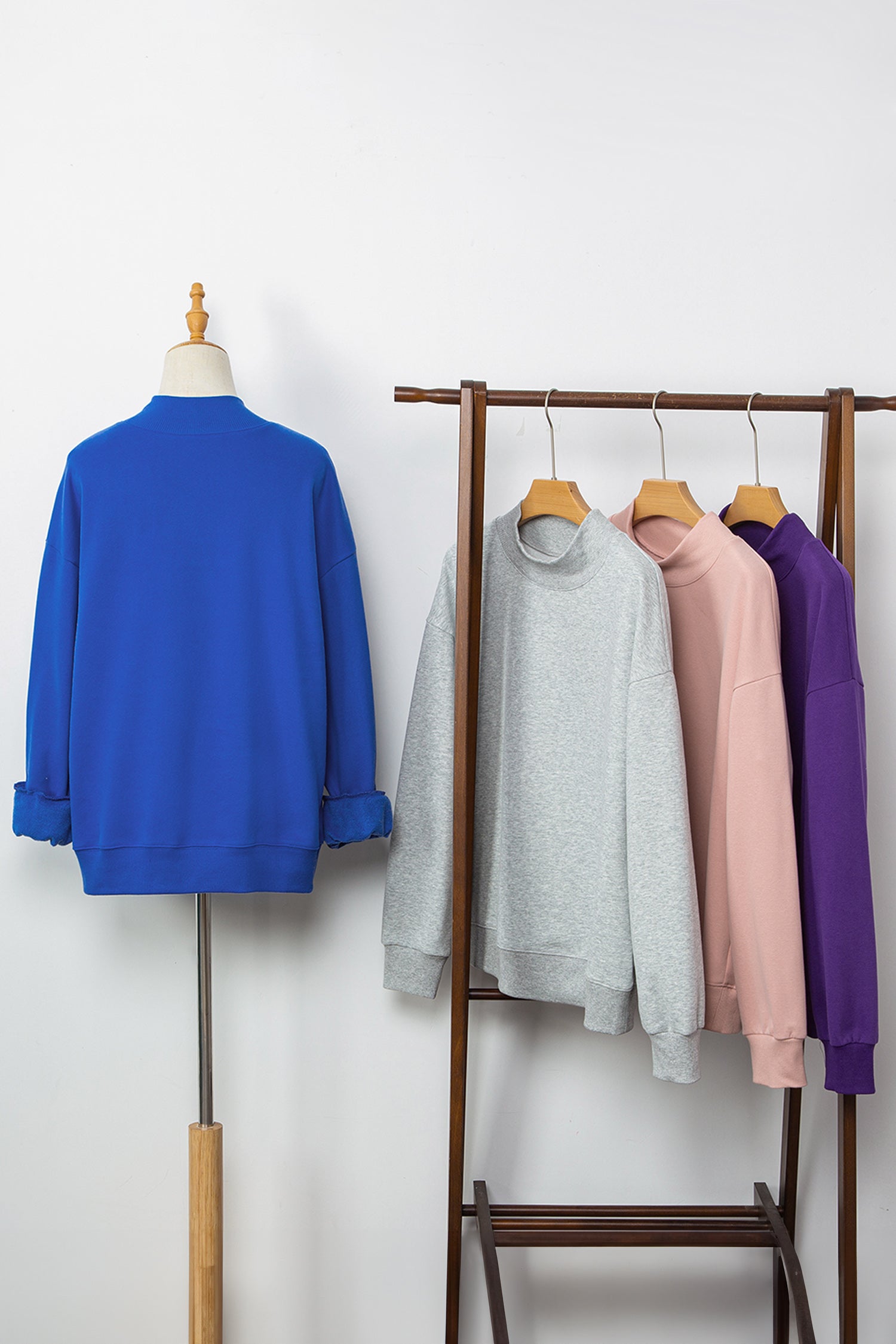 Dark Blue Solid Color Oversized Mock Neck Sweatshirt