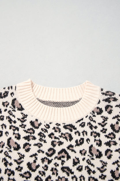 Beige Leopard Print Ribbed Color Block Trim Pullover Sweater