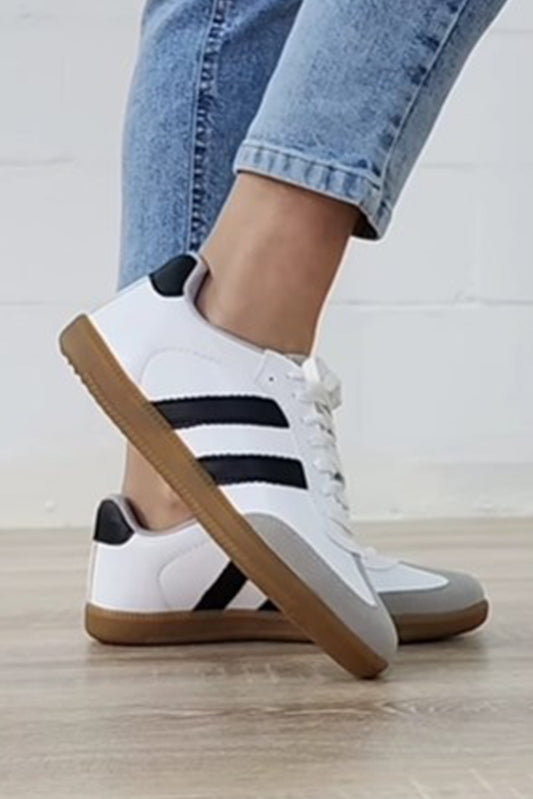 White Striped Lace-up Flat Sneakers