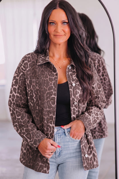 Khaki Oversized Leopard Print Long Sleeve Patch Pocket Denim Jacket