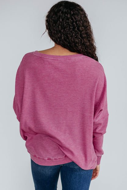 Dark Brown Waffle Knit Patchwork Long Sleeve Loose Top