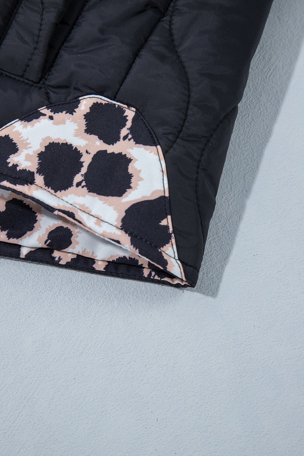 Black Retro Quilted Leopard Cuff Button Down Puffer Jacket
