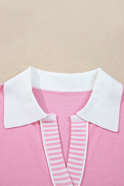 Pink Contrasting Polo Collar Color Block Knit Drop Shoulder Sweater