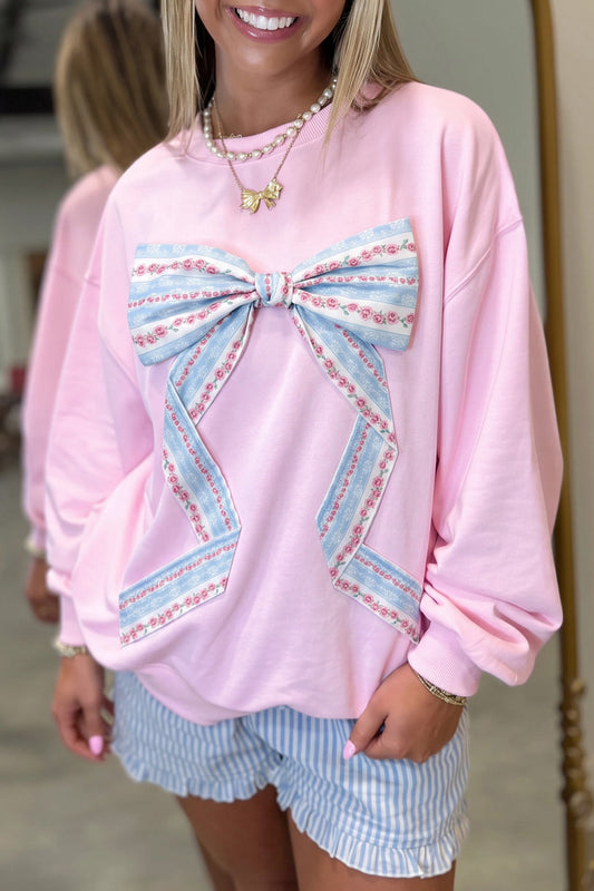 Pink Floral Bow Decoration Drop Shoulder Long Sleeve Top