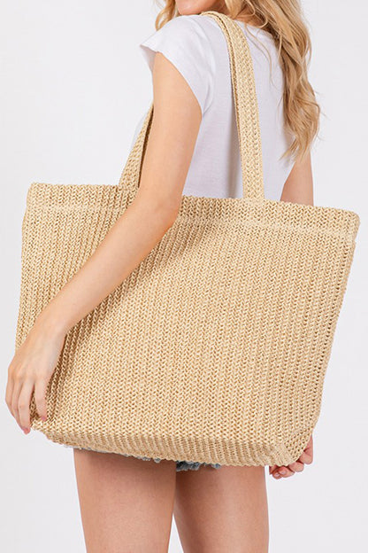 Parchment Solid Color Straw Woven Summer Beach Tote Bag