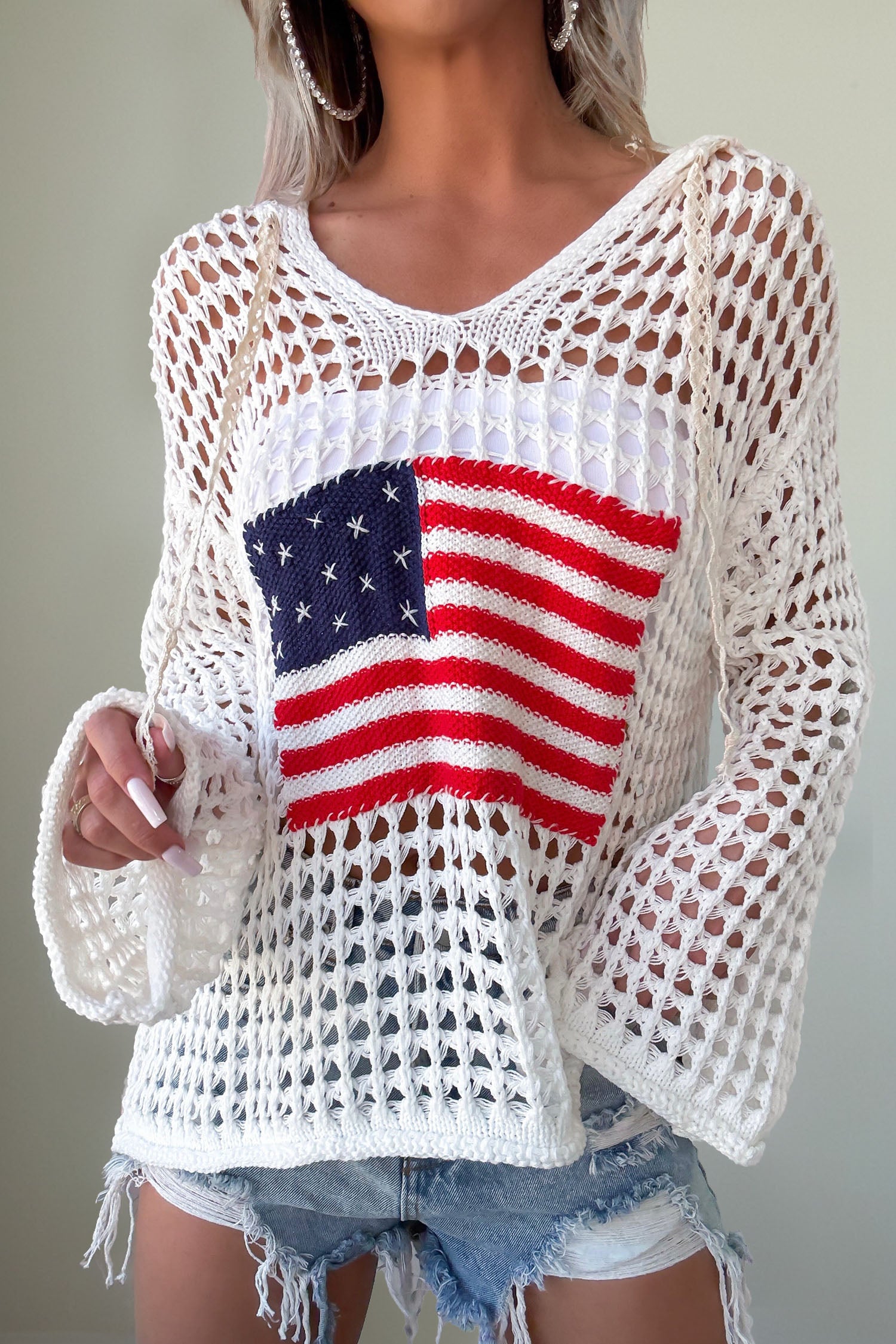 White Hollow Out Crochet Knit American Flag Patched Sweater Hoodie