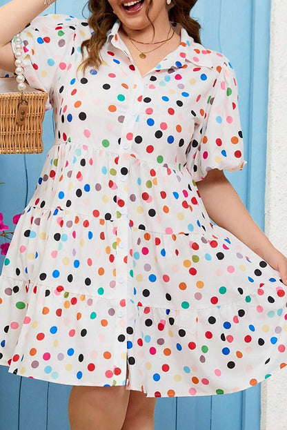 Robe chemise boutonnée à manches bouffantes et imprimé pois blancs grande taille