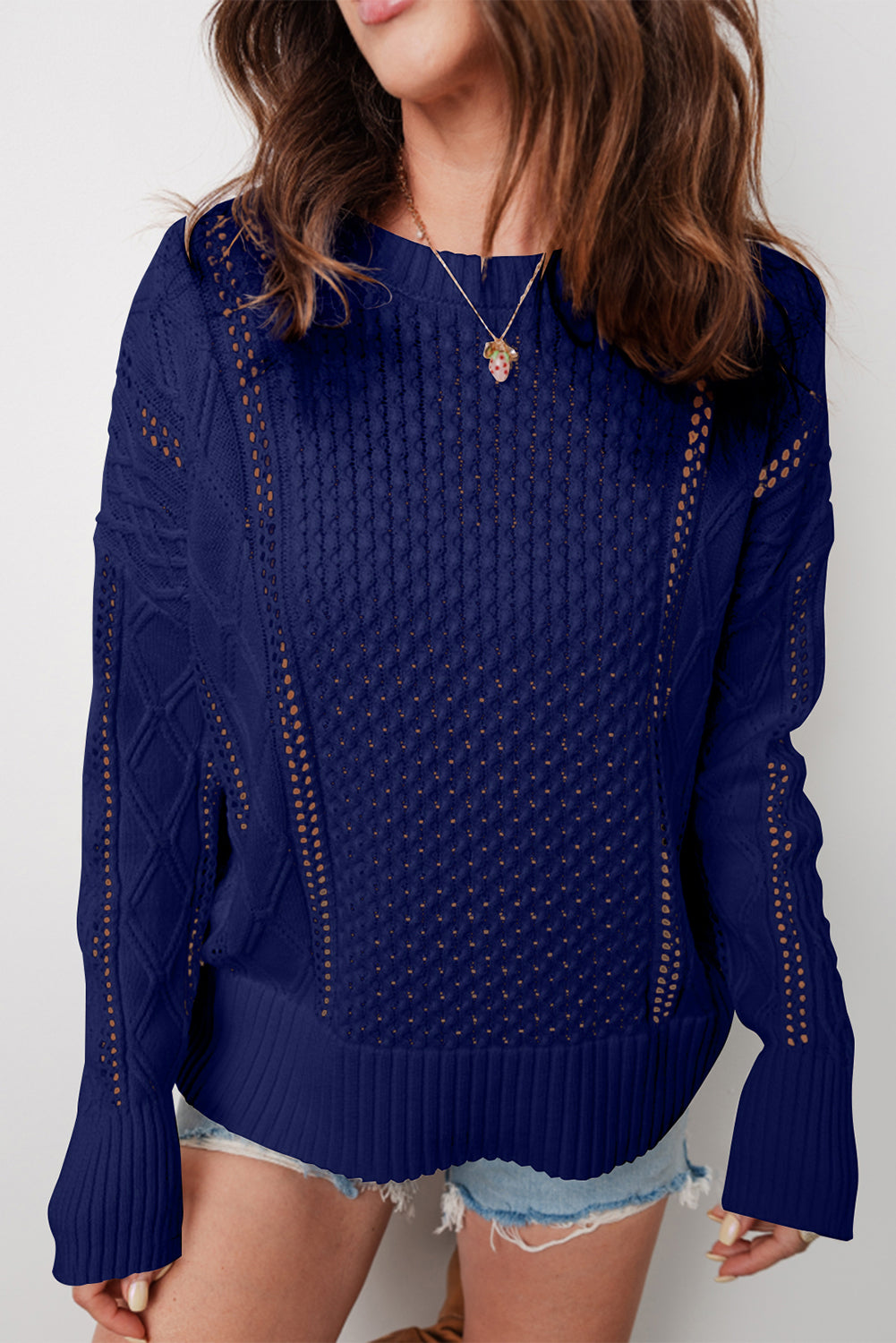 Navy Blue Mix Texture Knit Eyelet Detail Casual Sweater