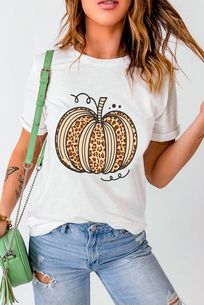 T-shirt d'Halloween à col ras du cou et motif citrouille léopard blanc