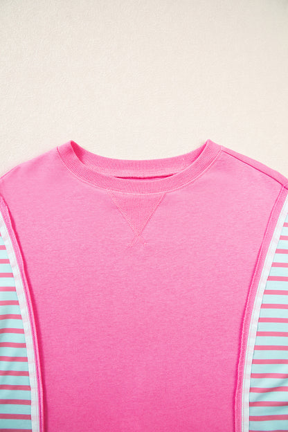 Rose Stripe Color Block Patchwork Relaxed Split Long Sleeve Top