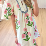 Apricot Floral Short Sleeve Split Neck Loose Mini Dress