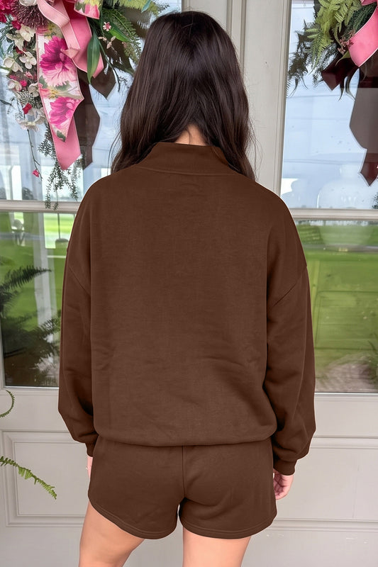Coffee Christmas Slogan Print Mock Neck Pullover and Shorts Set