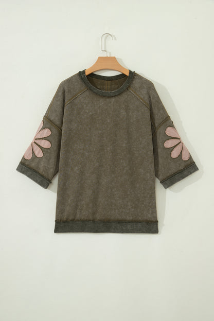 Breen Mineral Wash Raw Seam Patchwork Flower Patched 3/4 Sleeve Oversize Top