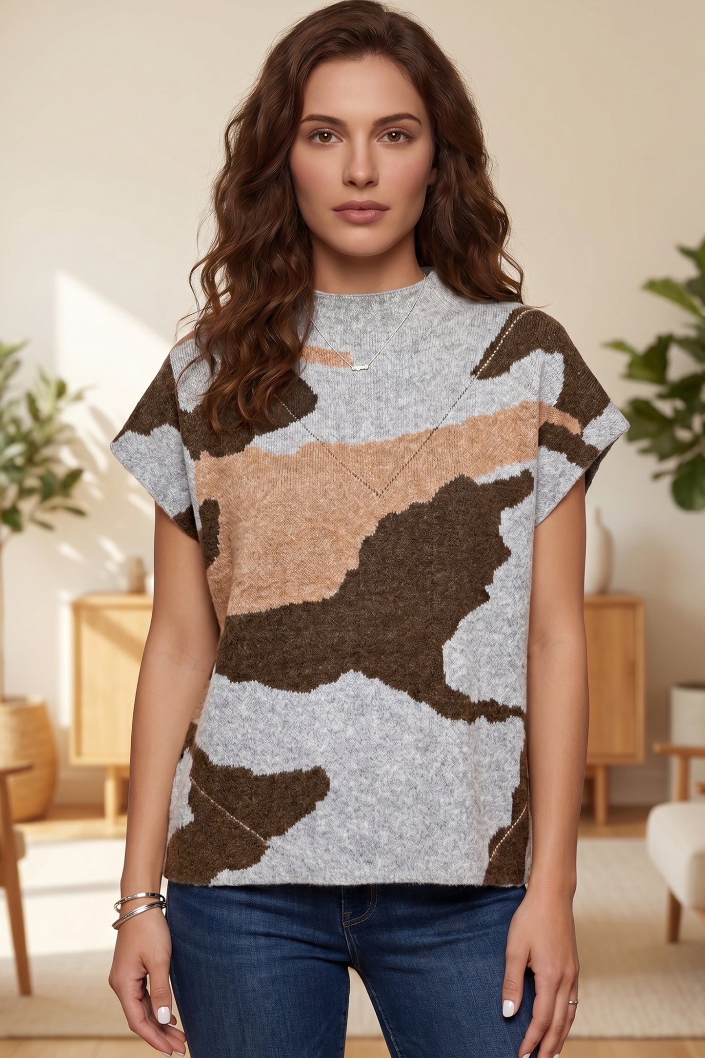 Gray Camouflage Pattern Drop Shoulder High Neck Short Sleeve Shift Sweater