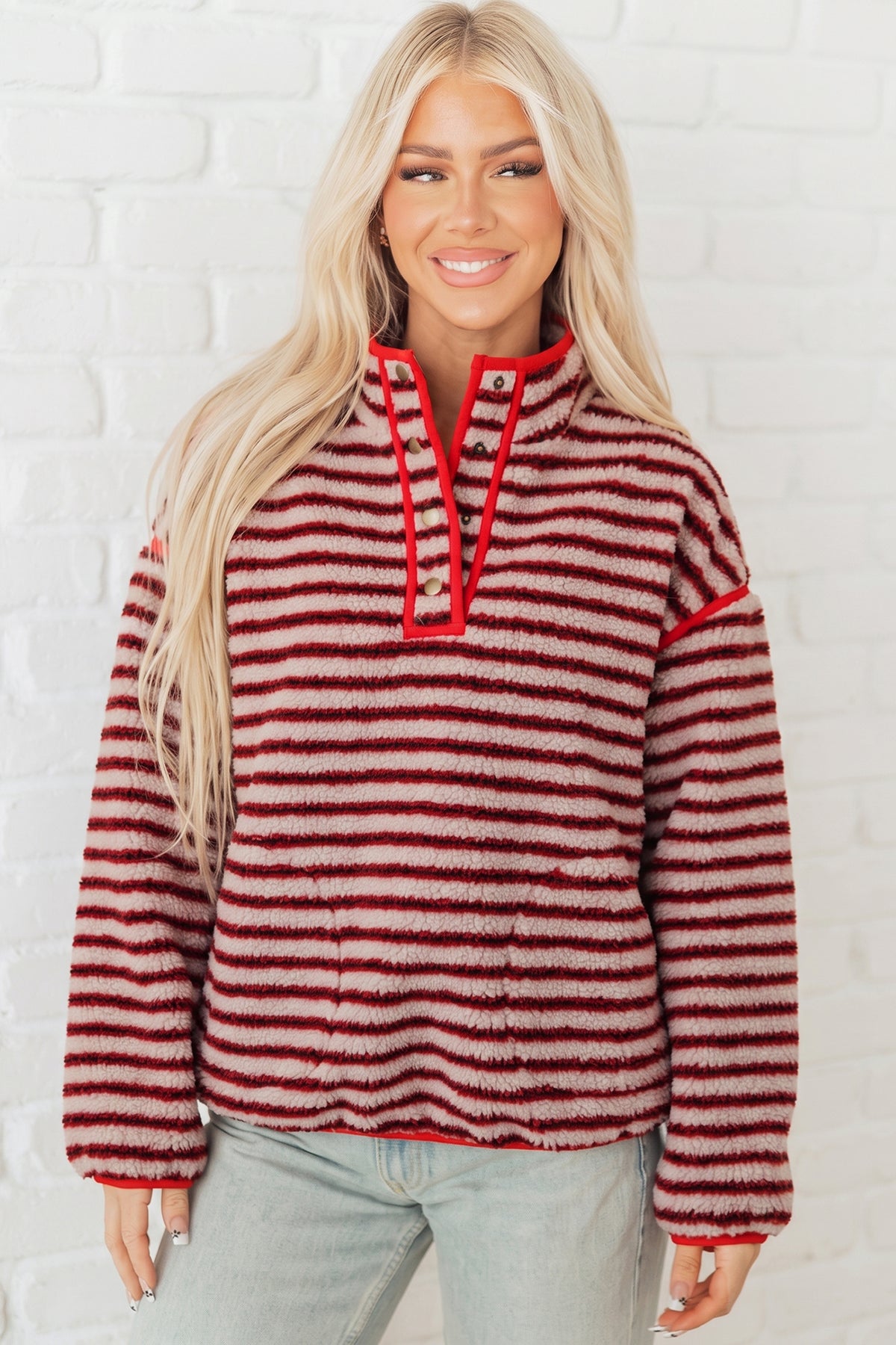 Red Striped Fuzzy Colorblock Button Placket Sweatshirt