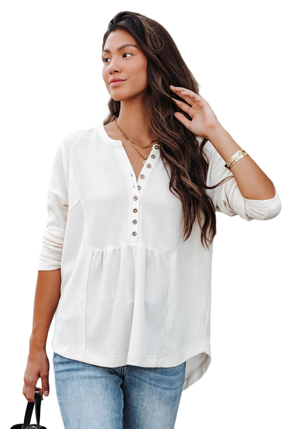 Top henley de punto gofre con medio botón 