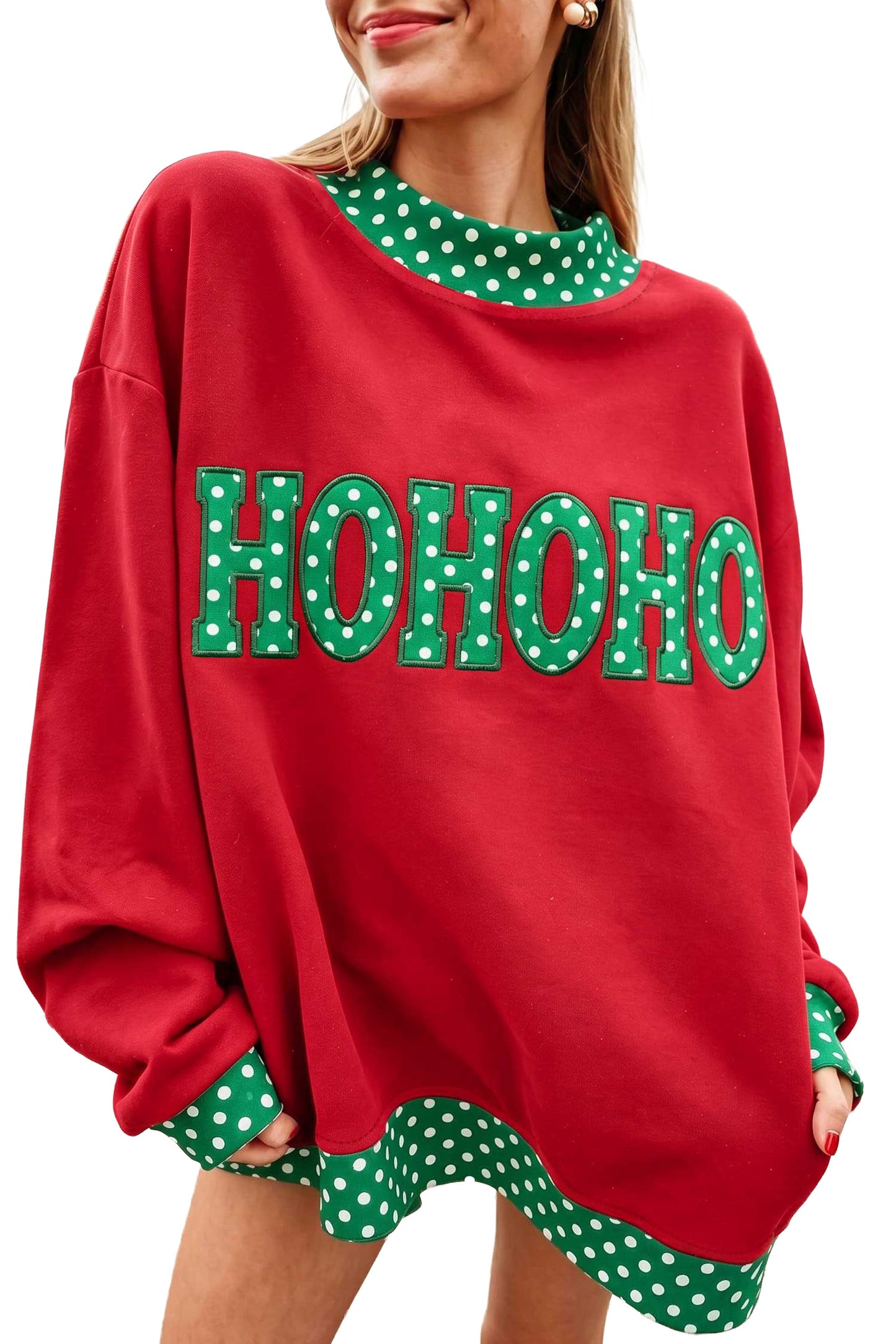 Fiery Red Polka Dot Letter Print Contrast Trim Mock Neck Sweatshirt