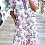 White Allover Print Contrast Split Neckline Short Puff Sleeve Curvy Dress