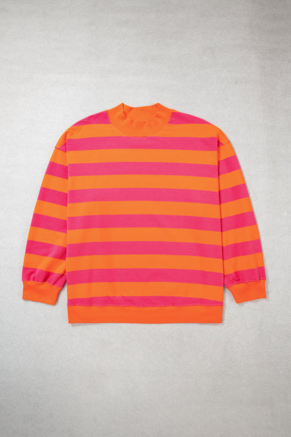 Orange Stripe Ribbed Trim Stand Neck Dropped Shoulder Plus Size Sweatshirt